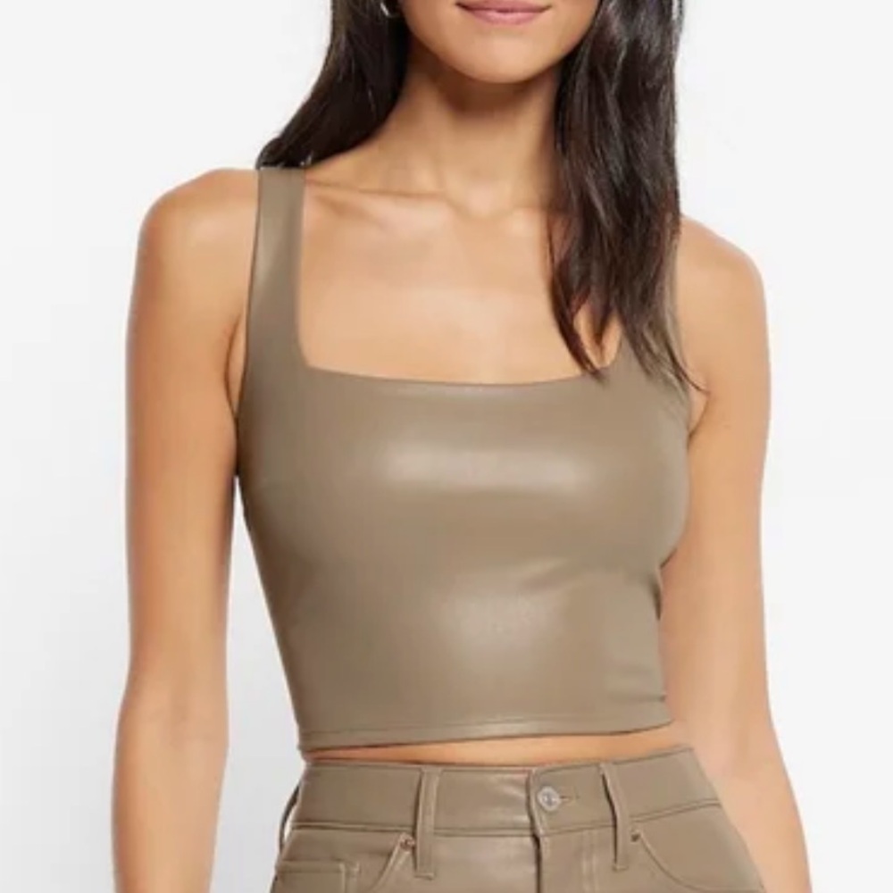 Express Body Contour Faux Leather Cropped Tank Top in Taupe XS